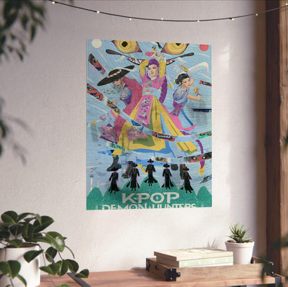 KPop Demon Hunters (2025) Movie Folk Art Illustrated poster unframed on a white wall above a desk