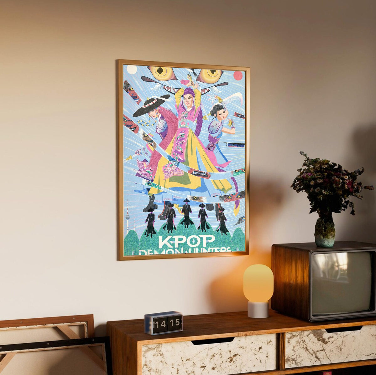 KPop Demon Hunters (2025) Movie Folk Art Illustrated poster in an oak frame above a sideboard