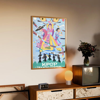 KPop Demon Hunters (2025) Movie Folk Art Illustrated poster in an oak frame above a sideboard