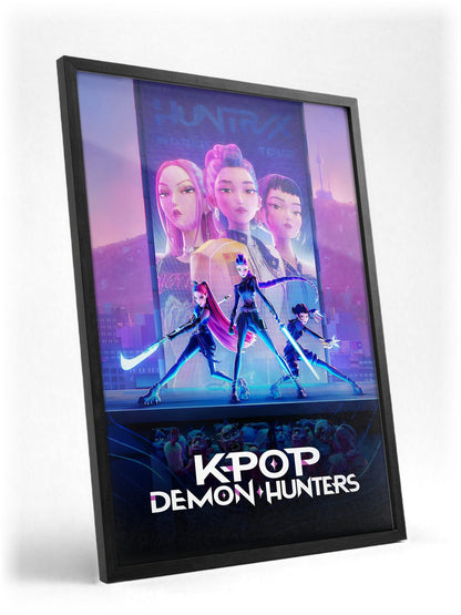KPop Demon Hunters (2025) Movie Huntrix Key Art poster in a black frame with glass leaning against a wall