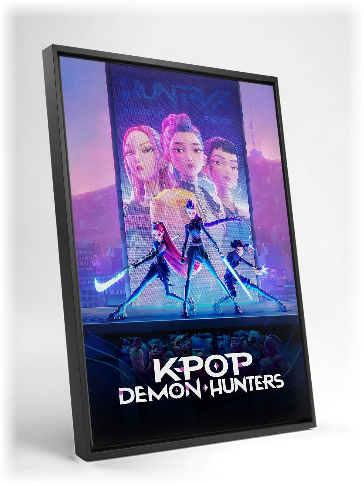 KPop Demon Hunters (2025) Movie Huntrix Key Art as a black floater framed canvas leaning against a wall