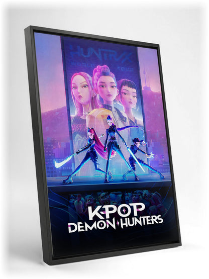KPop Demon Hunters (2025) Movie Huntrix Key Art as a black floater framed canvas leaning against a wall