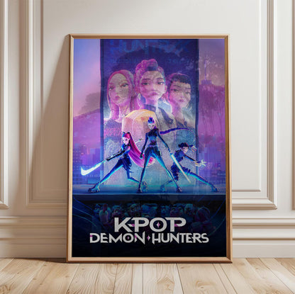 KPop Demon Hunters (2025) Movie Huntrix Key Art poster in a light oak frame leaning against a white wall