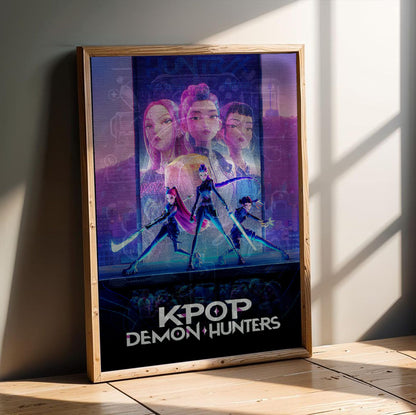KPop Demon Hunters (2025) Movie Huntrix Key Art poster in an oak frame leaning on a wooden floor