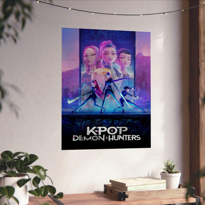 KPop Demon Hunters (2025) Movie Huntrix Key Art poster unframed on a white wall above a desk