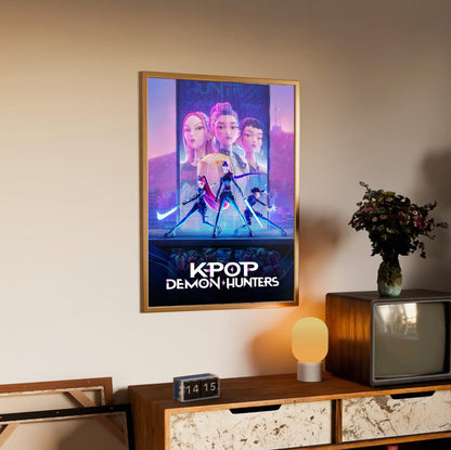 KPop Demon Hunters (2025) Movie Huntrix Key Art poster in an oak frame above a sideboard