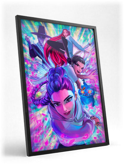 KPop Demon Hunters (2025) Movie Illustrated Character Art poster in a black frame with glass leaning against a wall