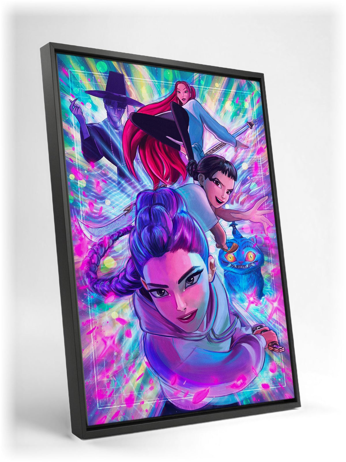 KPop Demon Hunters (2025) Movie Illustrated Character Art as a black floater framed canvas leaning against a wall