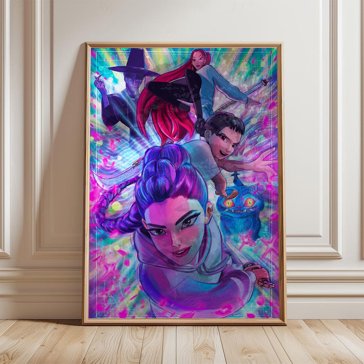 KPop Demon Hunters (2025) Movie Illustrated Character Art poster in a light oak frame leaning against a white wall
