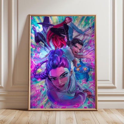 KPop Demon Hunters (2025) Movie Illustrated Character Art poster in a light oak frame leaning against a white wall