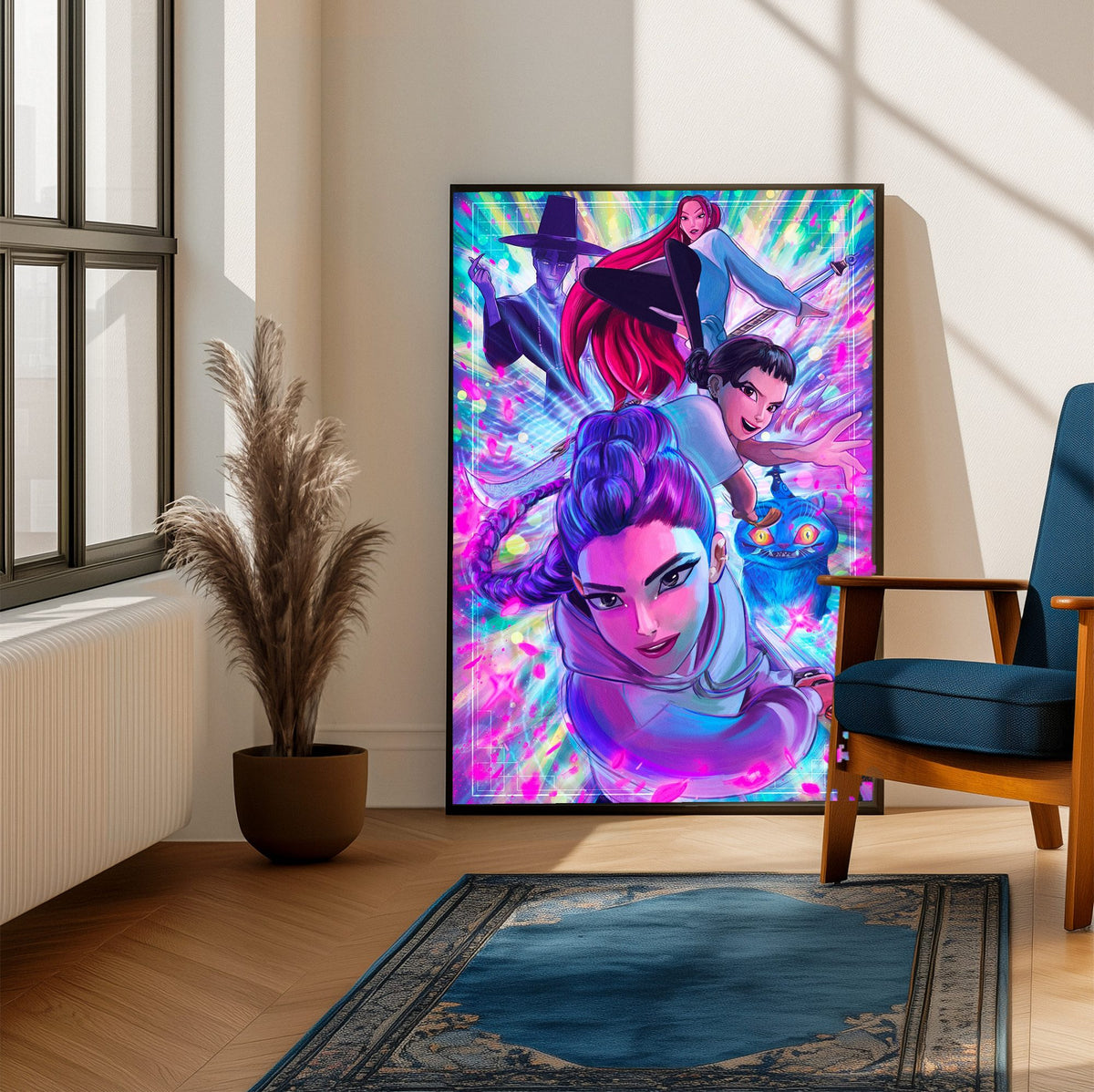 KPop Demon Hunters (2025) Movie Illustrated Character Art poster framed beside a blue armchair in a sunlit room