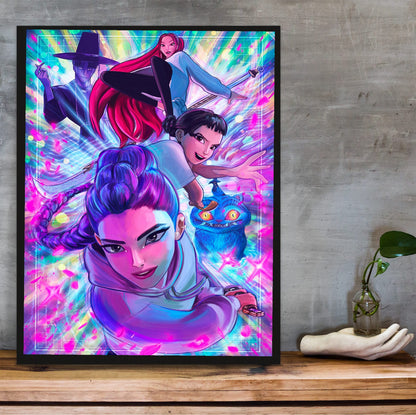 KPop Demon Hunters (2025) Movie Illustrated Character Art poster in a black frame on a wooden shelf against concrete