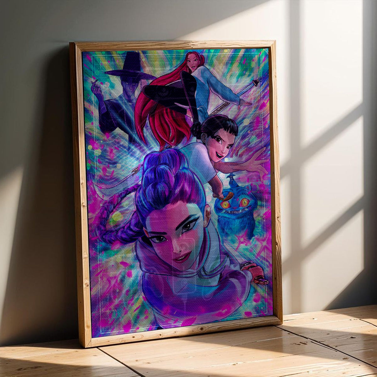 KPop Demon Hunters (2025) Movie Illustrated Character Art poster in an oak frame leaning on a wooden floor