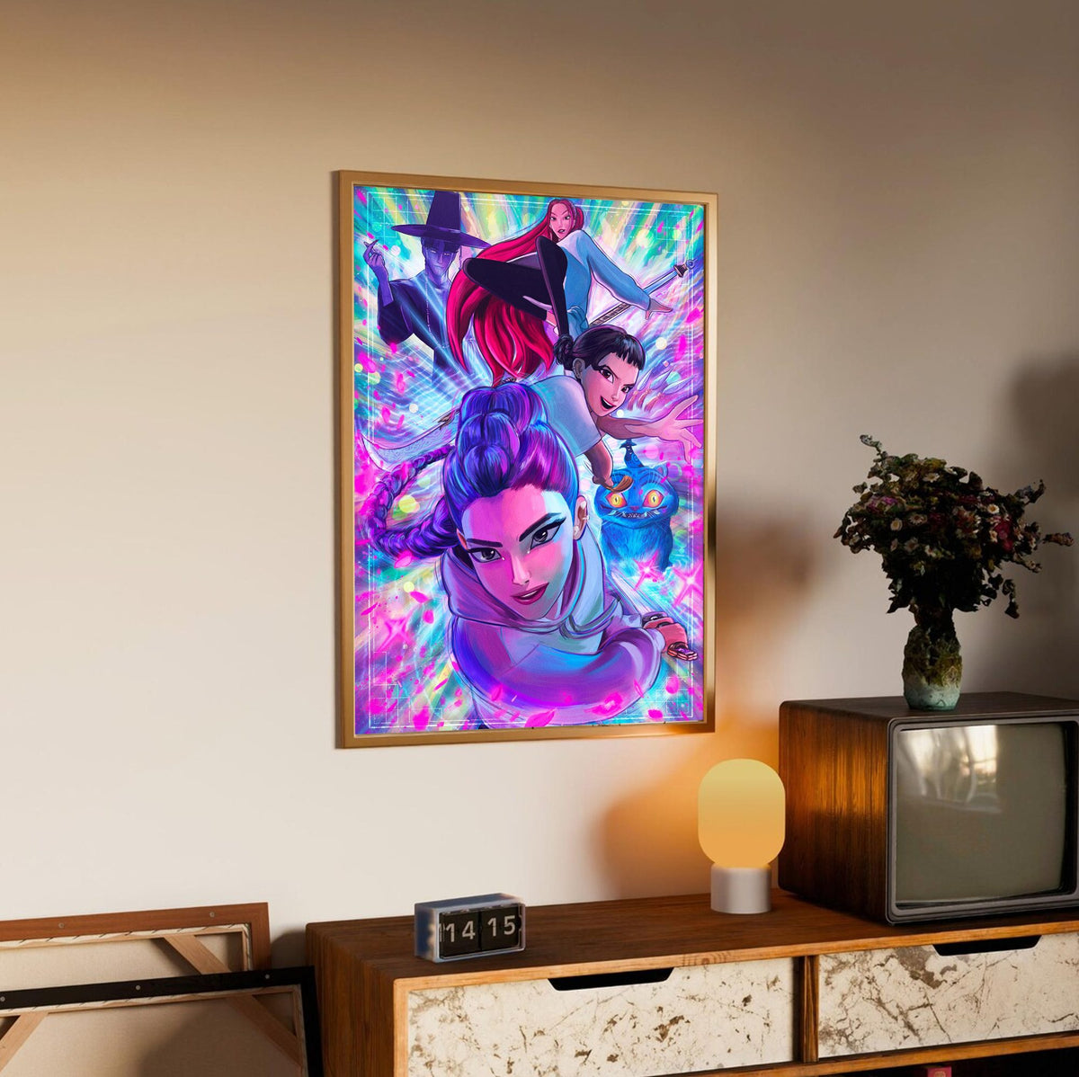 KPop Demon Hunters (2025) Movie Illustrated Character Art poster in an oak frame above a sideboard