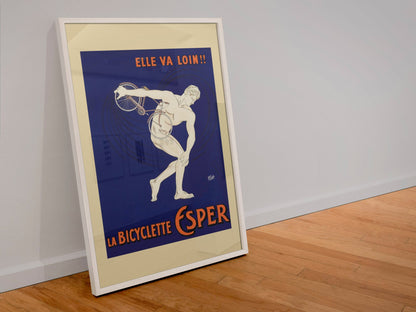 La Bicyclette Esper poster in a white frame leaning against a wall