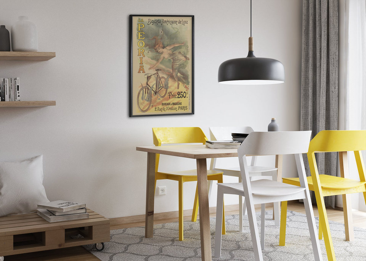 La Peoria Bicyclette poster framed above a dining table