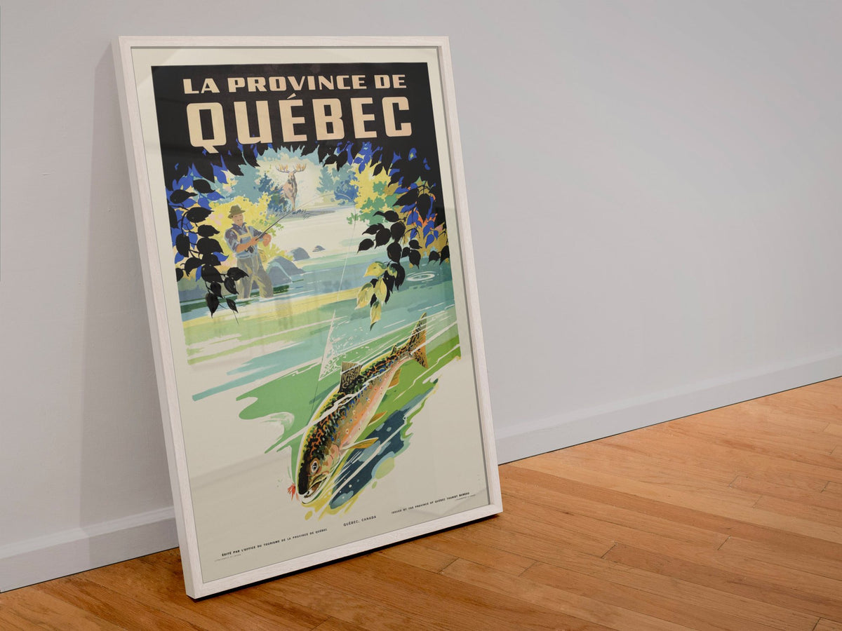 Quebec Trout Fishing poster in a white frame leaning against a wall