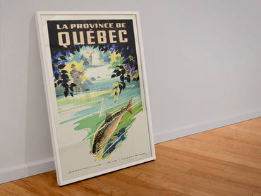 Quebec Trout Fishing poster in a white frame leaning against a wall