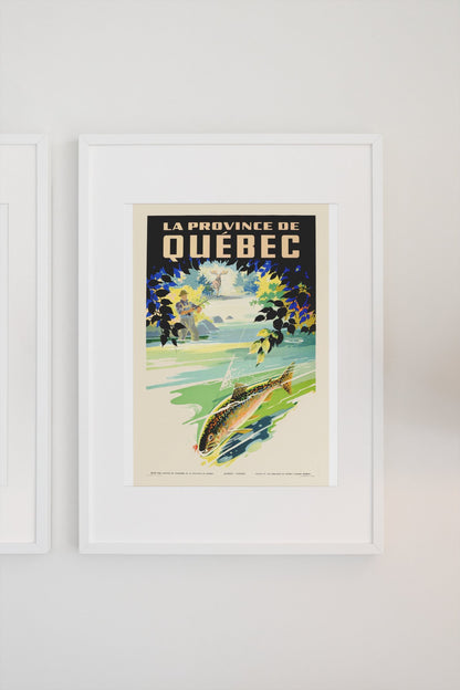 Quebec Trout Fishing poster on a light wall