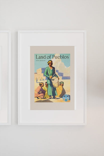 Land of Pueblos Santa Fe poster on a light wall