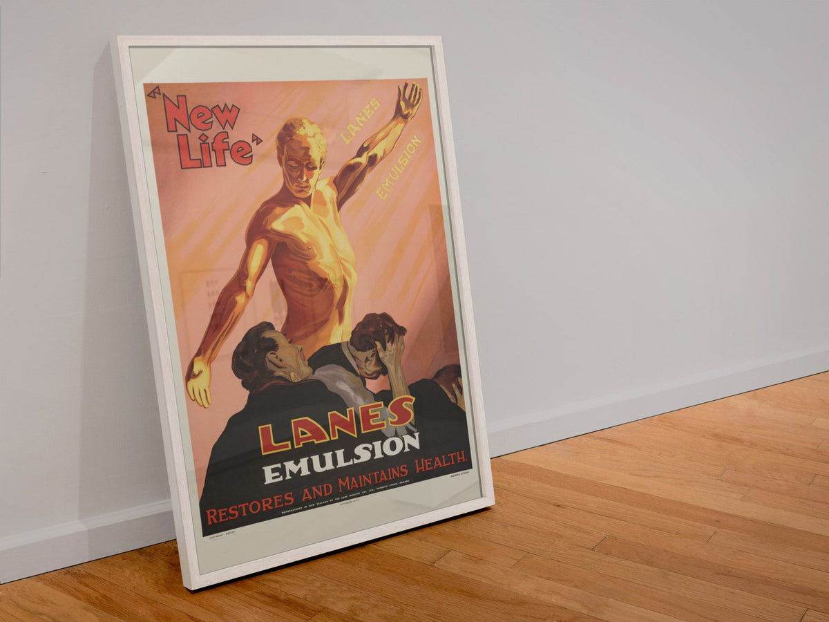 Lanes Emulsion New Life poster in a white frame leaning against a wall