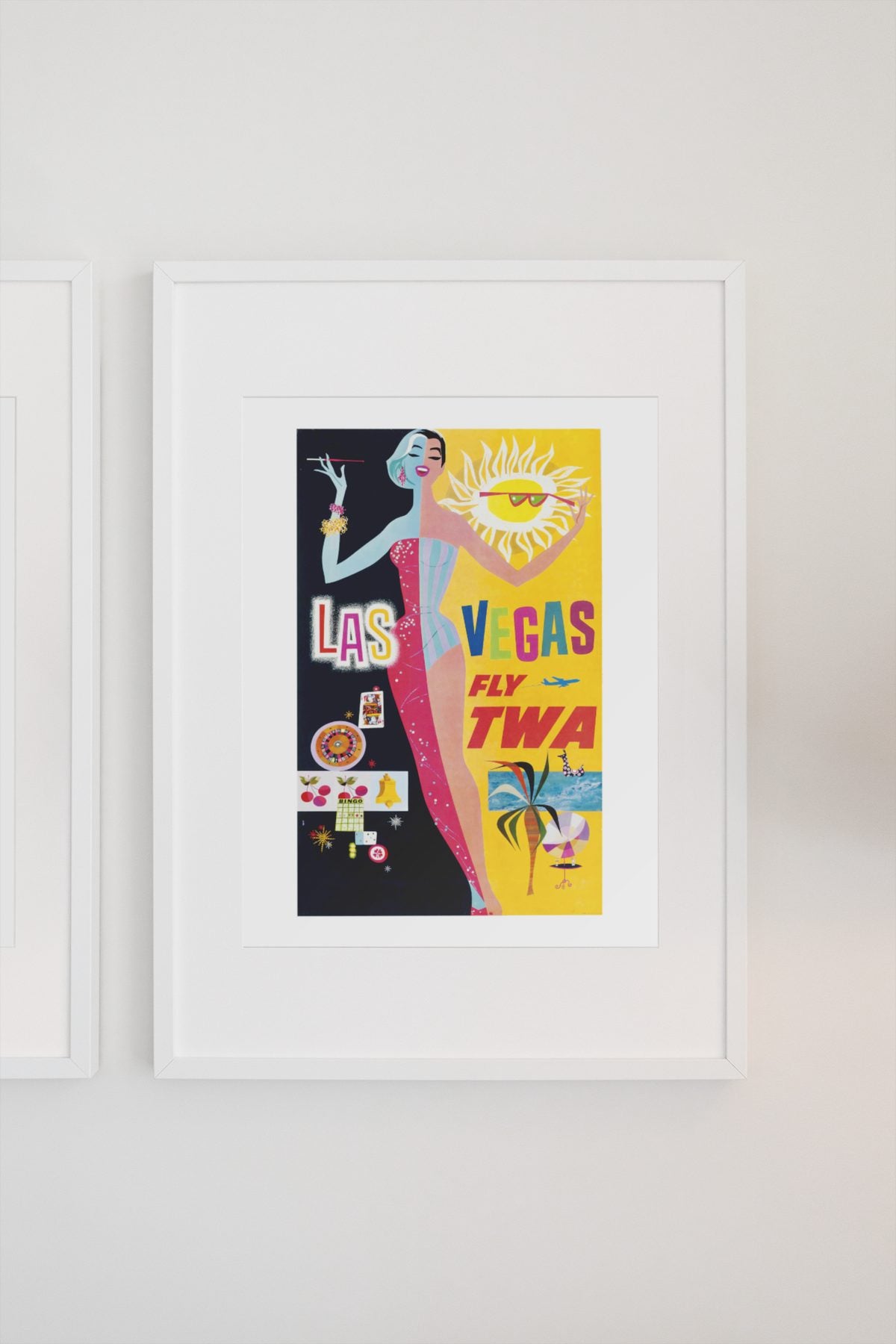 Las Vegas Fly TWA Showgirl poster on a light wall