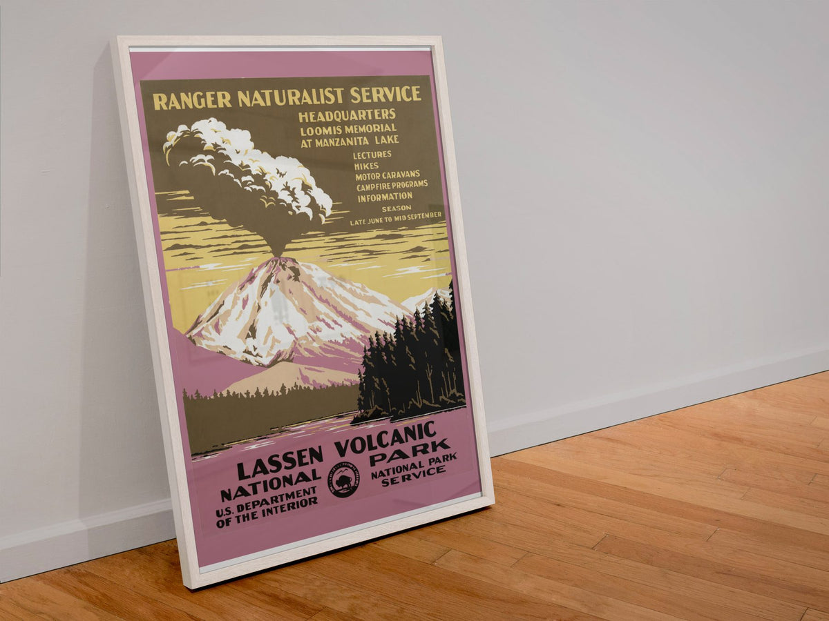 Lassen Volcanic National Park poster in a white frame leaning against a wall