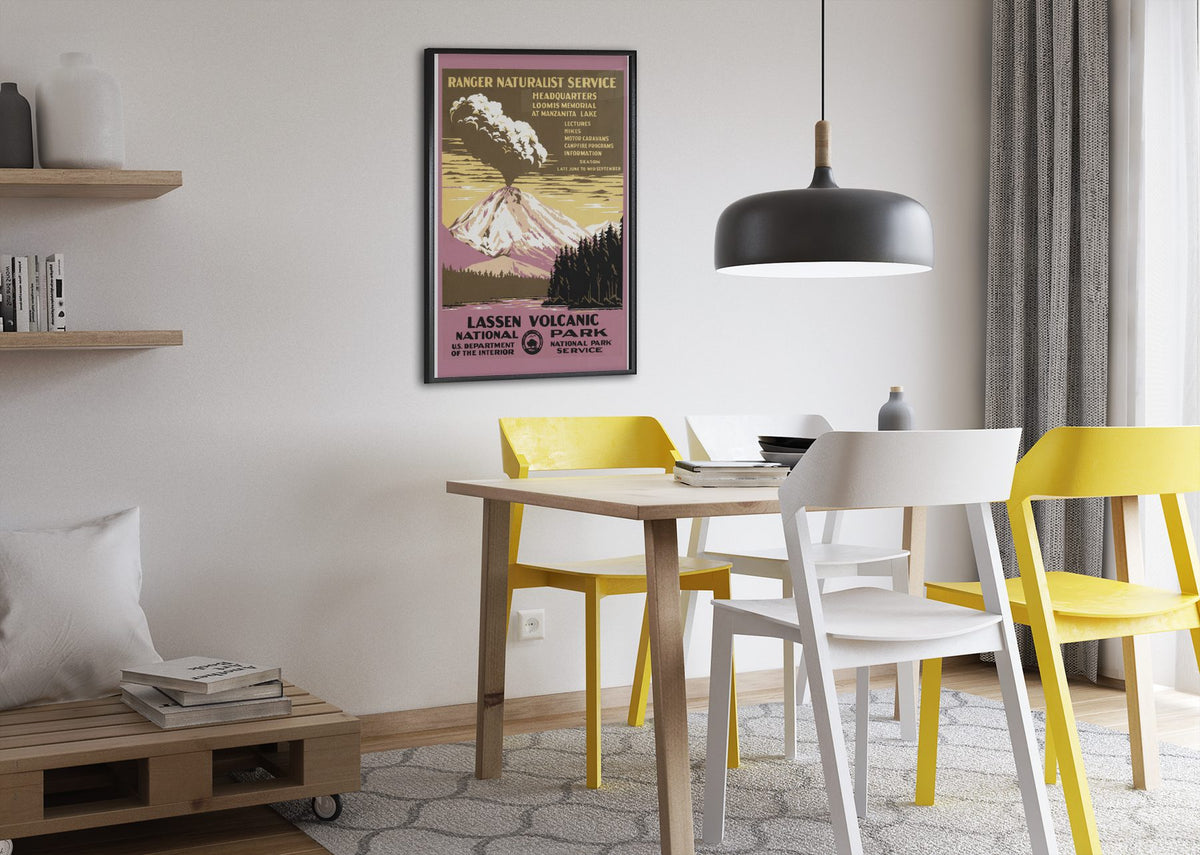 Lassen Volcanic National Park poster framed above a dining table