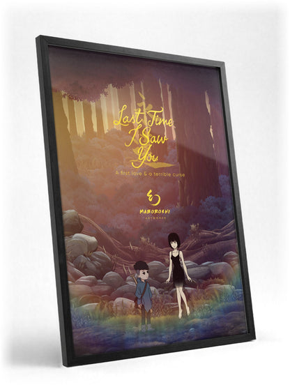 Last Time I Saw You Forest Art poster in a black frame with glass leaning against a wall