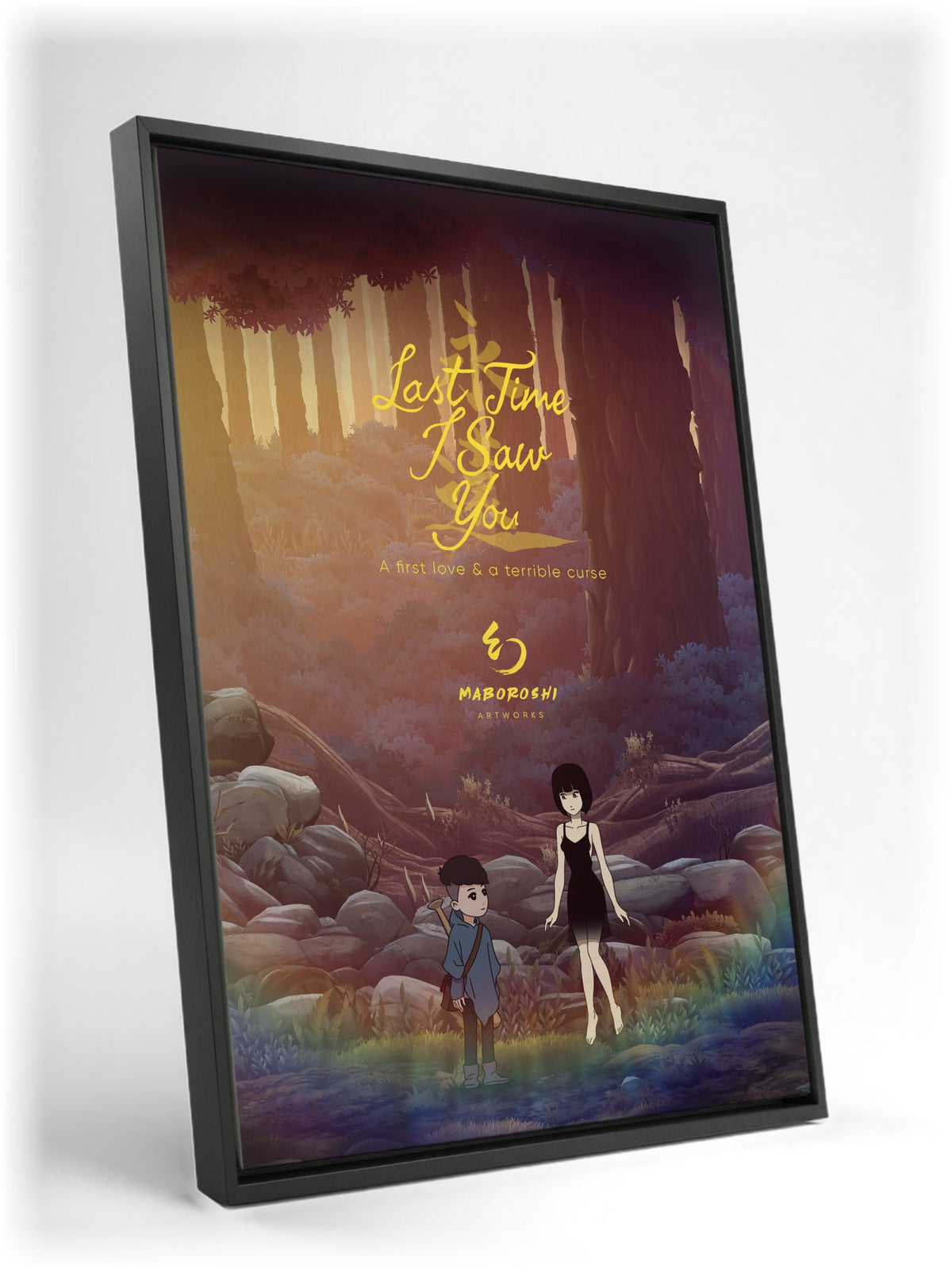 Last Time I Saw You Forest Art as a black floater framed canvas leaning against a wall
