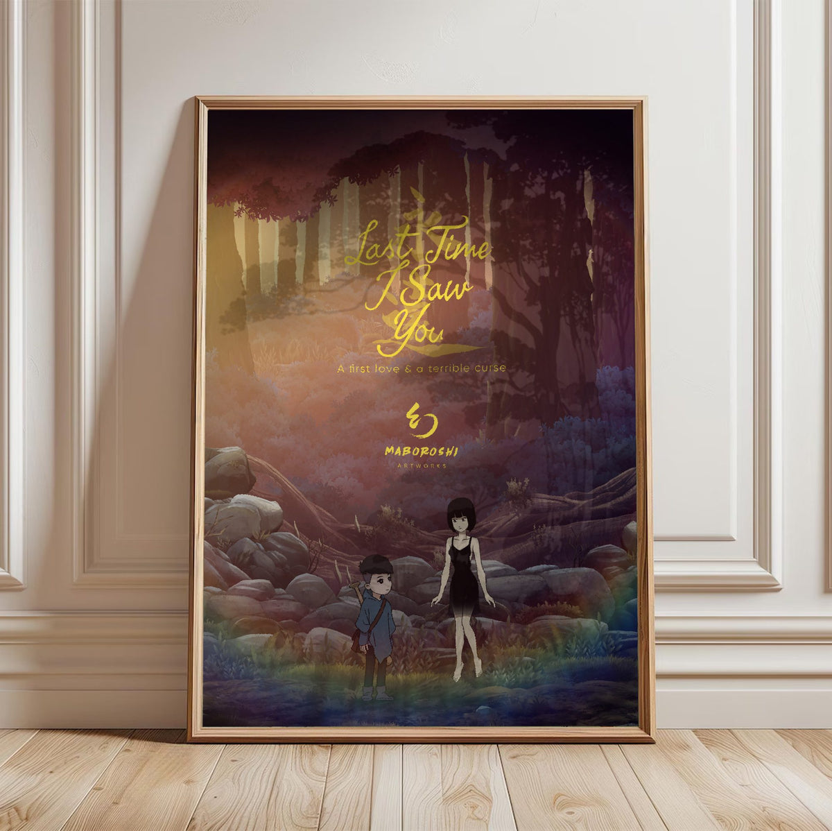 Last Time I Saw You Forest Art poster in a light oak frame leaning against a white wall