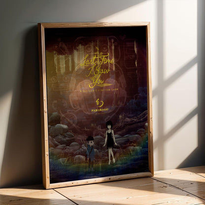 Last Time I Saw You Forest Art poster in an oak frame leaning on a wooden floor