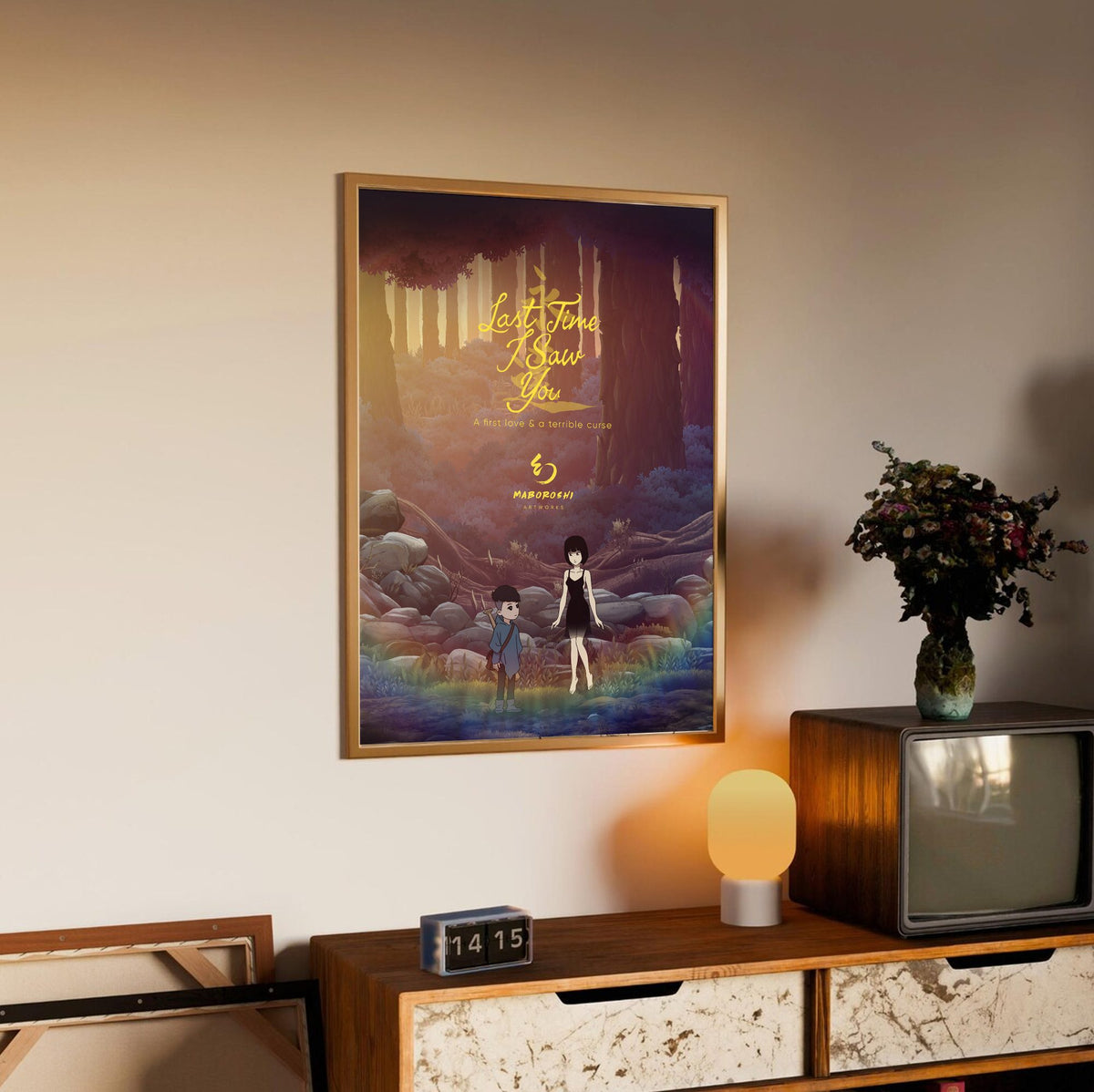 Last Time I Saw You Forest Art poster in an oak frame above a sideboard