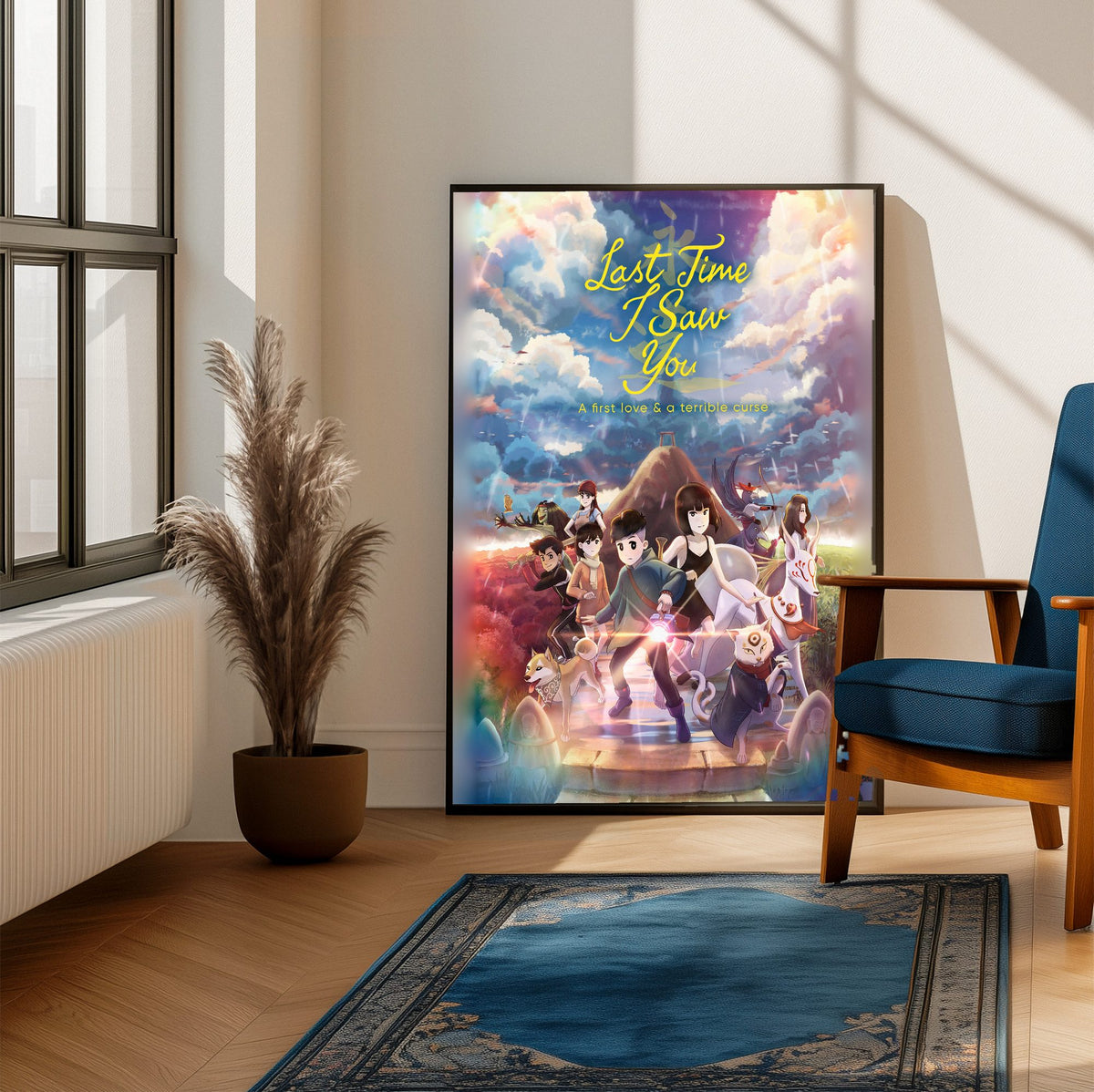 Last Time I Saw You Key Art poster framed beside a blue armchair in a sunlit room