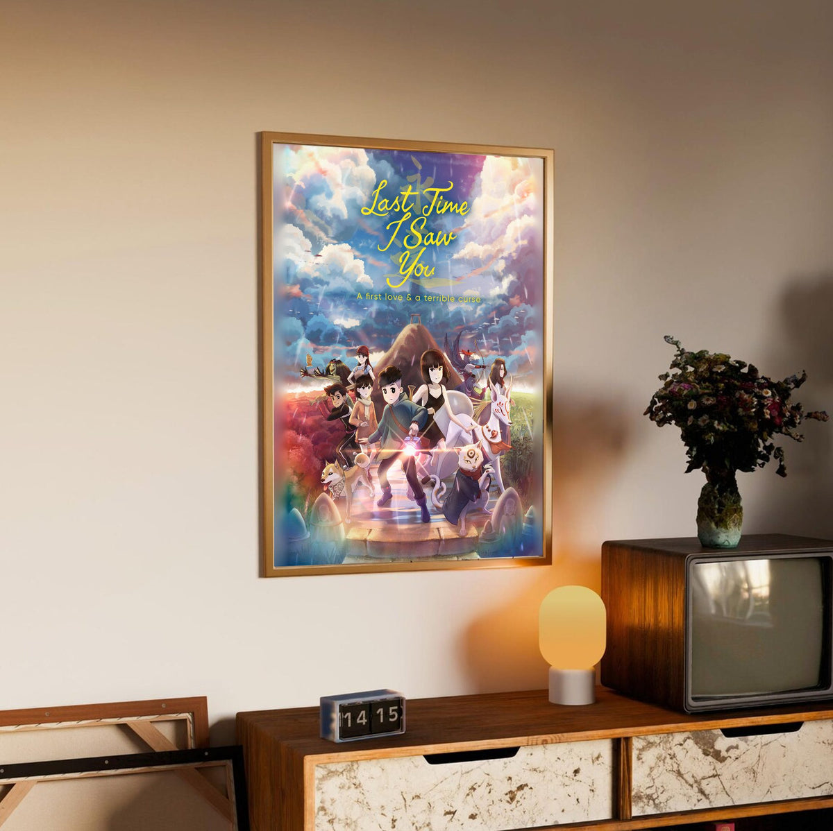 Last Time I Saw You Key Art poster in an oak frame above a sideboard