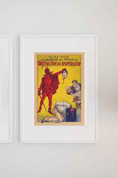 Le Coupeur de Tetes devil headsman poster on a light wall