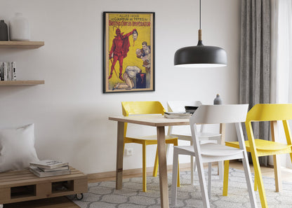 Le Coupeur de Tetes devil headsman poster framed above a dining table
