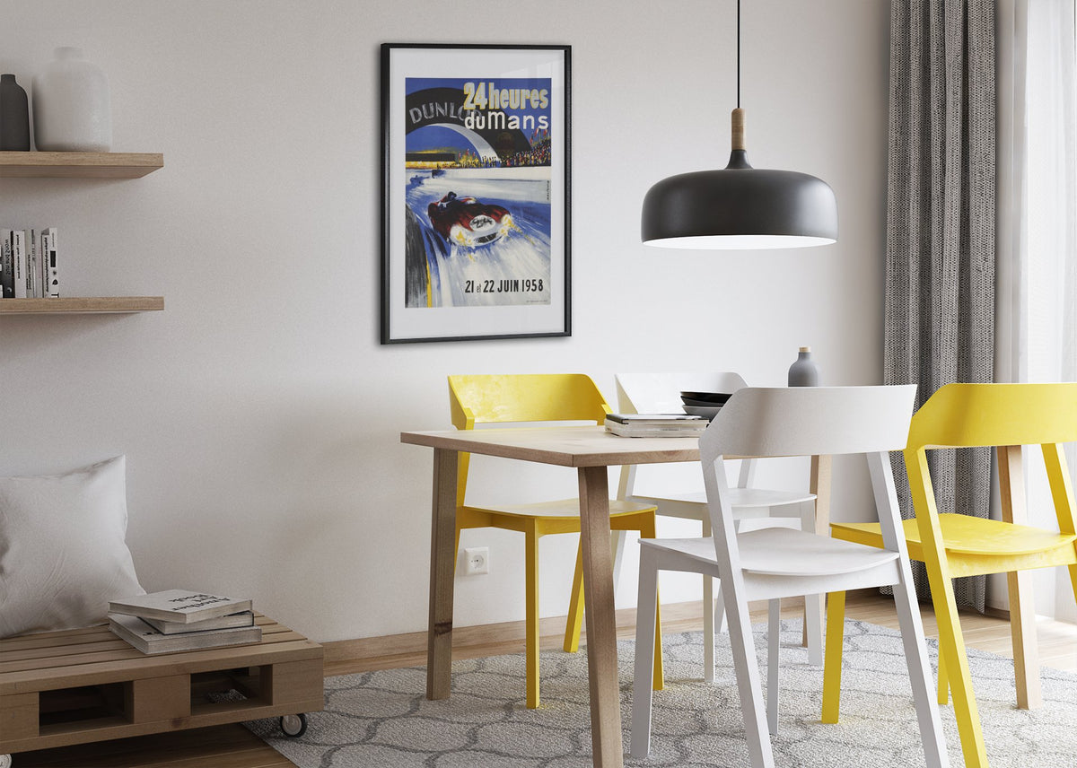 24 Heures du Mans 1958 poster framed above a dining table
