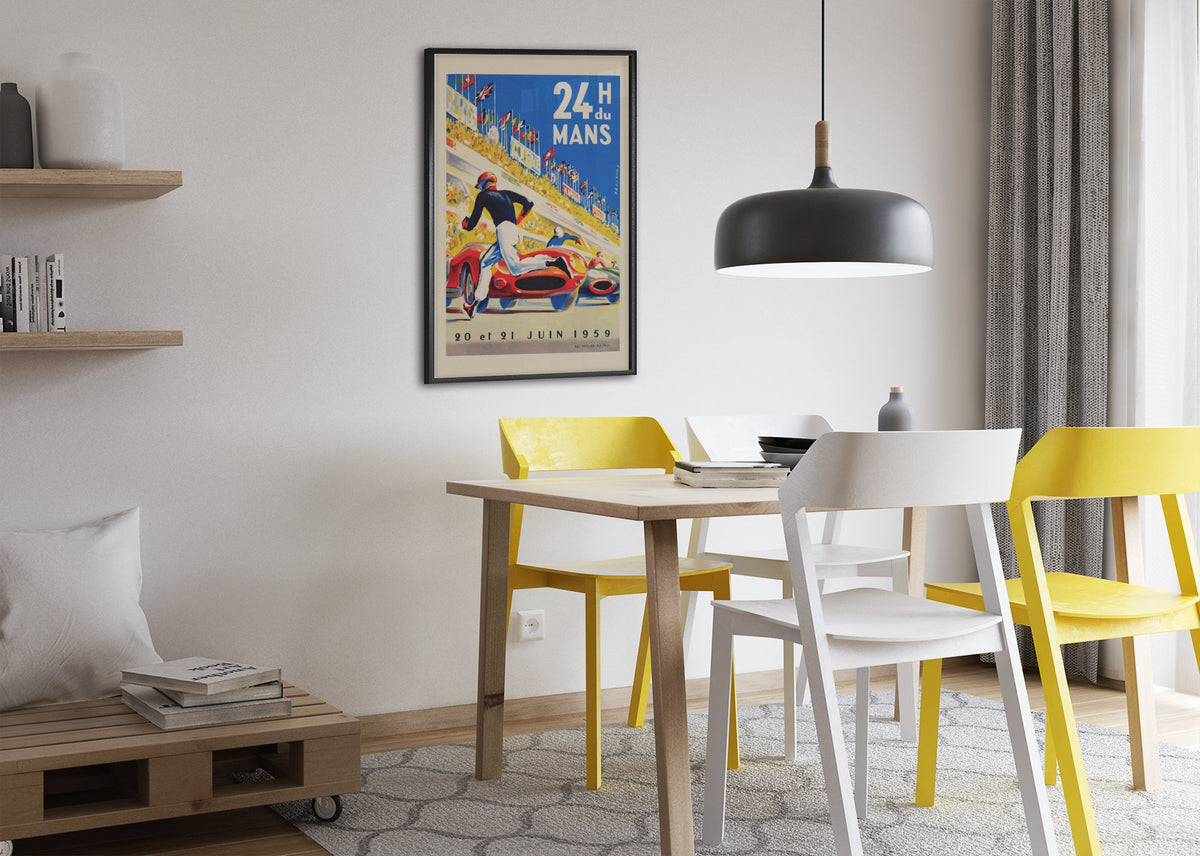 24 Heures du Mans 1959 poster framed above a dining table