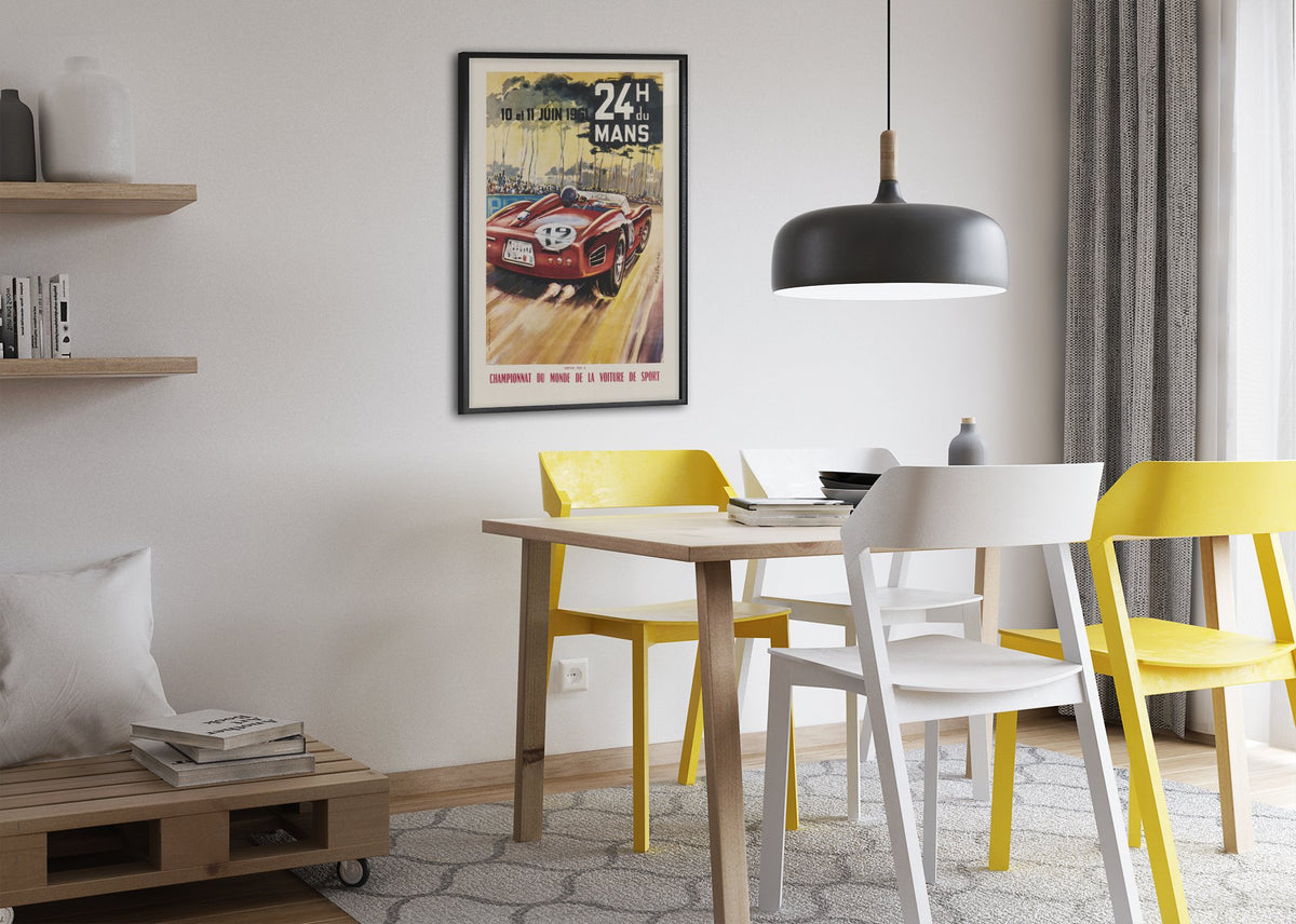24 Heures du Mans 1961 poster framed above a dining table