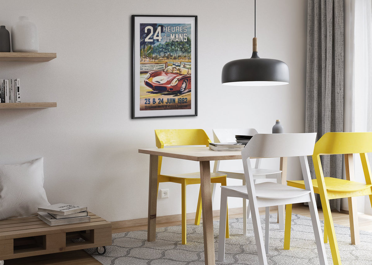 24 Heures du Mans 1962 poster framed above a dining table