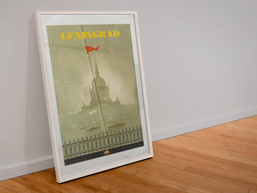 Leningrad St Petersburg poster in a white frame leaning against a wall