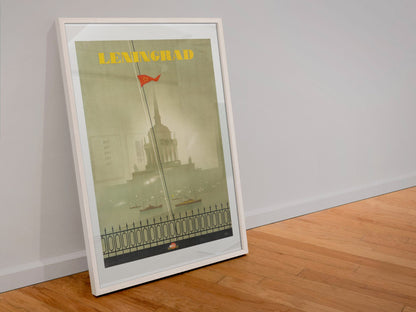 Leningrad St Petersburg poster in a white frame leaning against a wall