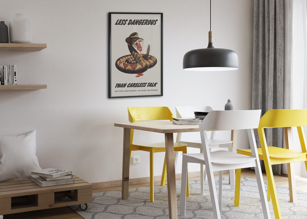 Less Dangerous Than Careless Talk Rattlesnake poster framed above a dining table