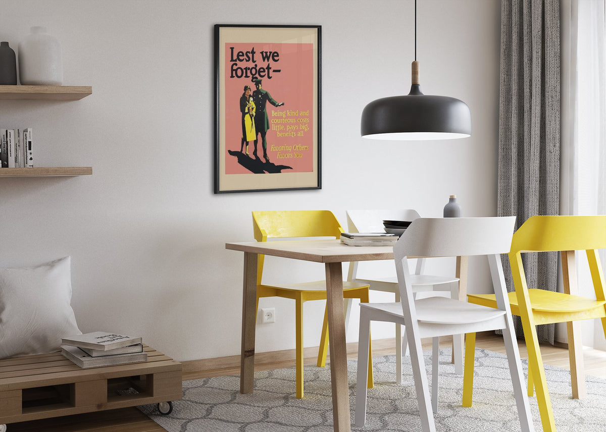 Lest We Forget poster framed above a dining table