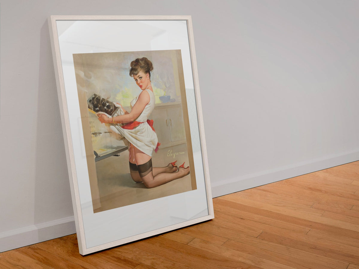 Let's Eat Out by Gil Elvgren, pin-up poster — leaning frame