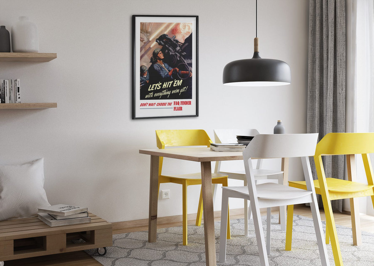 Lets Hit Em with Everything Choose the Navy poster framed above a dining table