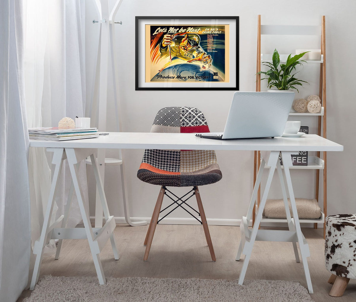 Lets Not Be Next on Axis Crime Table poster framed above a white desk in a home office