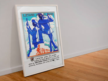 Lewis and Clark poster in a white frame leaning against a wall
