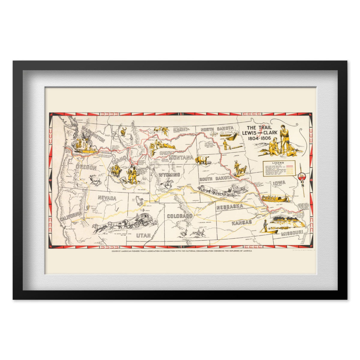Lewis & Clark Trail Map print in a black frame with a white mat